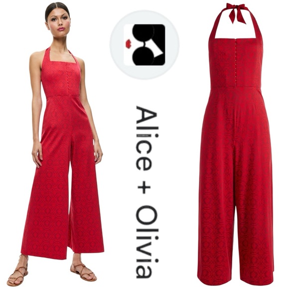 Alice + Olivia Pants - Alice + Olivia Red Halter Jumpsuit Wide-Leg Elegance